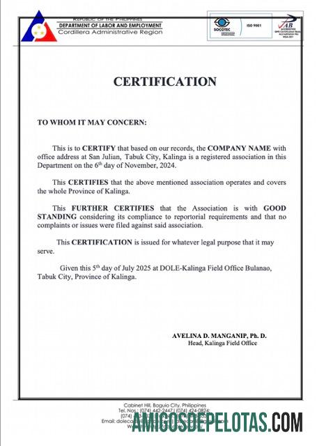 Certificado de boa situação das Filipinas para download, modelo Word e PDF